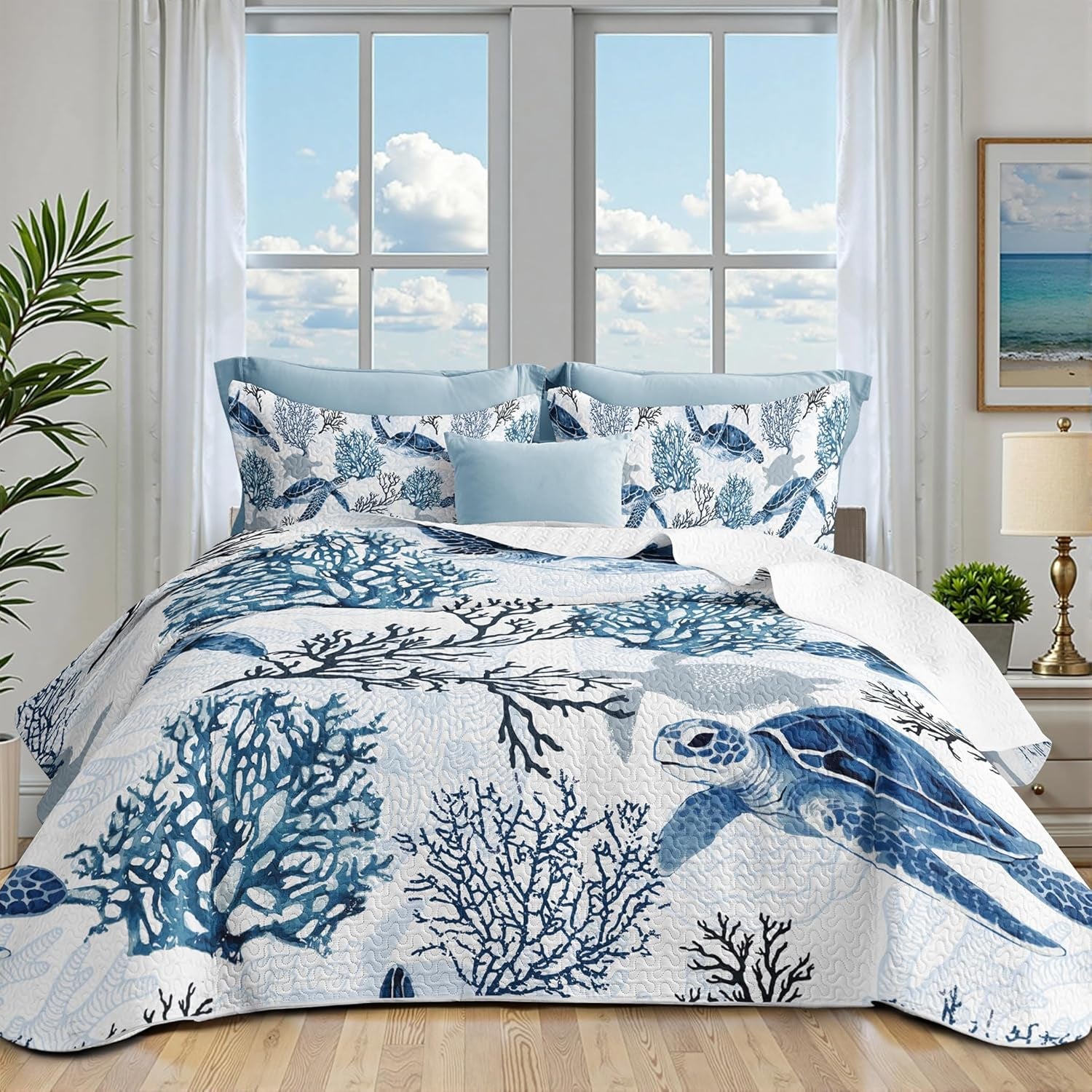 Coastal Bedding King Size Coastal Quilt with 2 Shams, Nautical Beach Comforter Sets Ocean Bedspreads Blue Seaturtle Coverlet Summer Bedding, 96''X106''