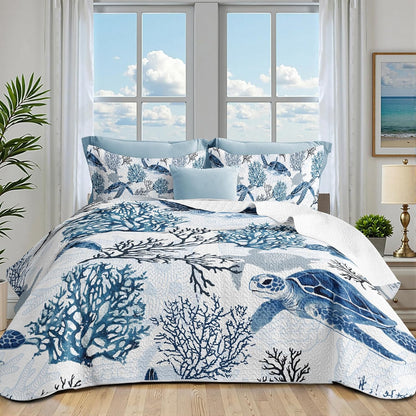 Coastal Bedding King Size Coastal Quilt with 2 Shams, Nautical Beach Comforter Sets Ocean Bedspreads Blue Seaturtle Coverlet Summer Bedding, 96''X106''