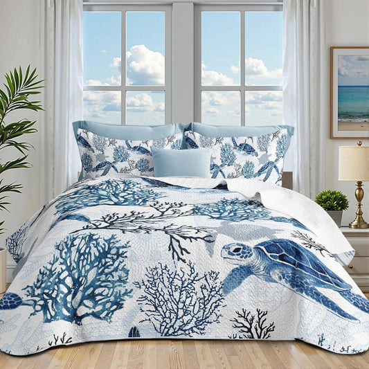Coastal Bedding King Size Coastal Quilt with 2 Shams, Nautical Beach Comforter Sets Ocean Bedspreads Blue Seaturtle Coverlet Summer Bedding, 96''X106''