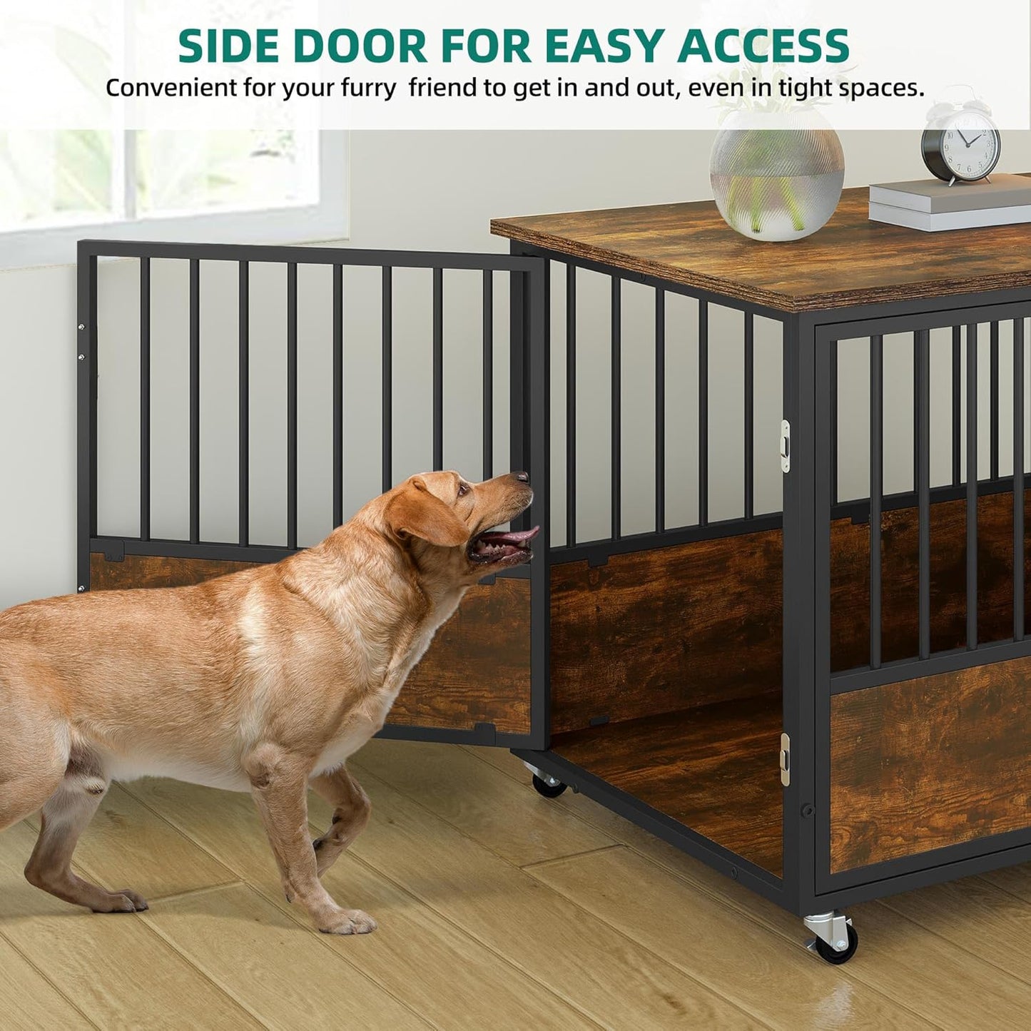 43" Dog Crate Furniture with Wheels, Wooden Side End Table, Double-Doors Dog Kennel Indoor for Small/Medium/Large Dogs, Escape Proof Dog House Dog Cage, Rustic Brown