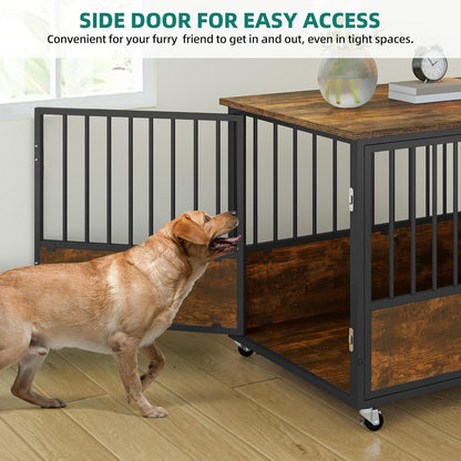 43" Dog Crate Furniture with Wheels, Wooden Side End Table, Double-Doors Dog Kennel Indoor for Small/Medium/Large Dogs, Escape Proof Dog House Dog Cage, Rustic Brown