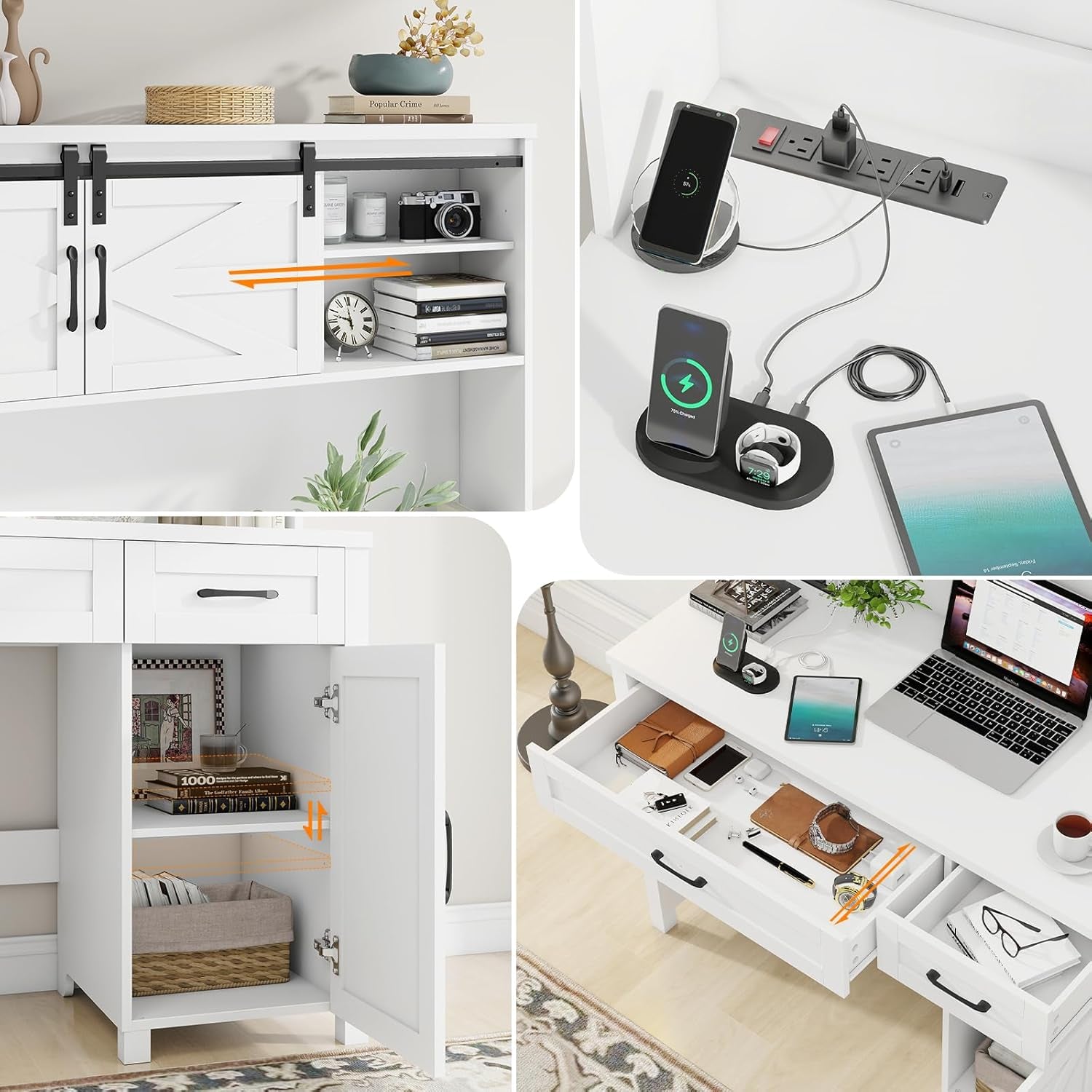 Farmhouse 47" Executive Desk, Computer Desks with 2 Drawers and Storage Cabinet, Home Office Desk with Hutch and Charging Station, Workspace for Work and Study. (Cream White.