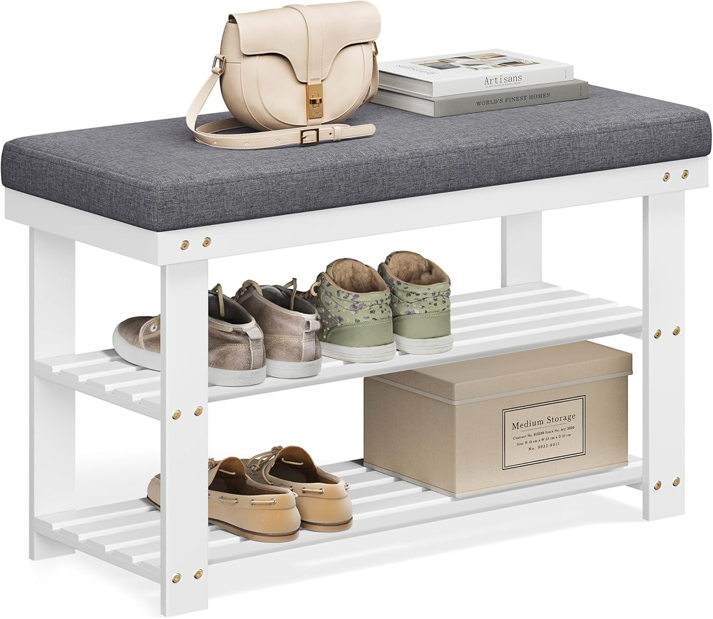 Bamboo Shoe Bench, 3-Tier Shoe Rack Organizer for Entryway, Living Room, Bench Seat Holds up to 300 Lb, 11.9 X 28.3 X 19.2 Inches, Rustic Walnut and Slate Gray ULBS604CG