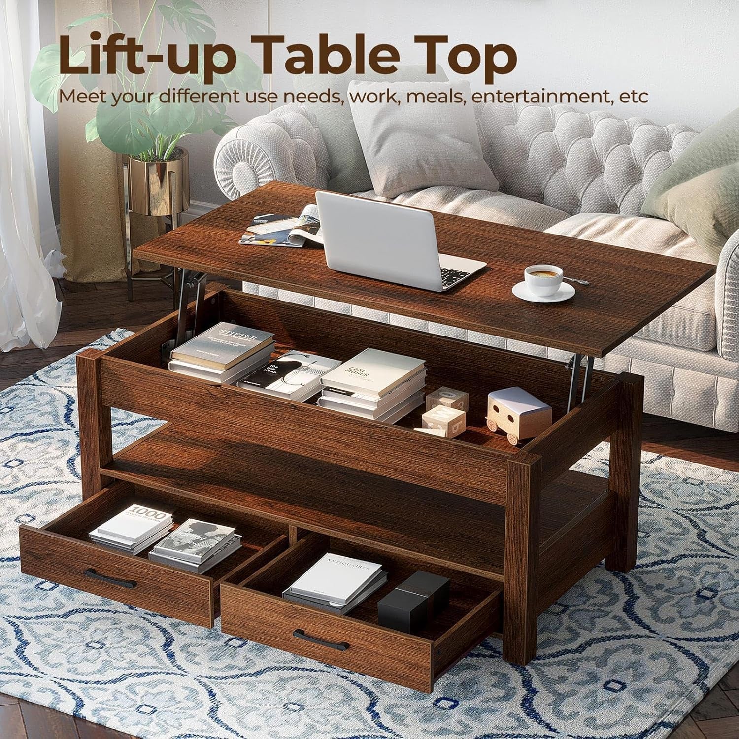 Coffee Table, Lift Top Coffee Table with Drawers and Hidden Compartment, Retro Central Table with Wooden Lift Tabletop, for Living Room,Espresso