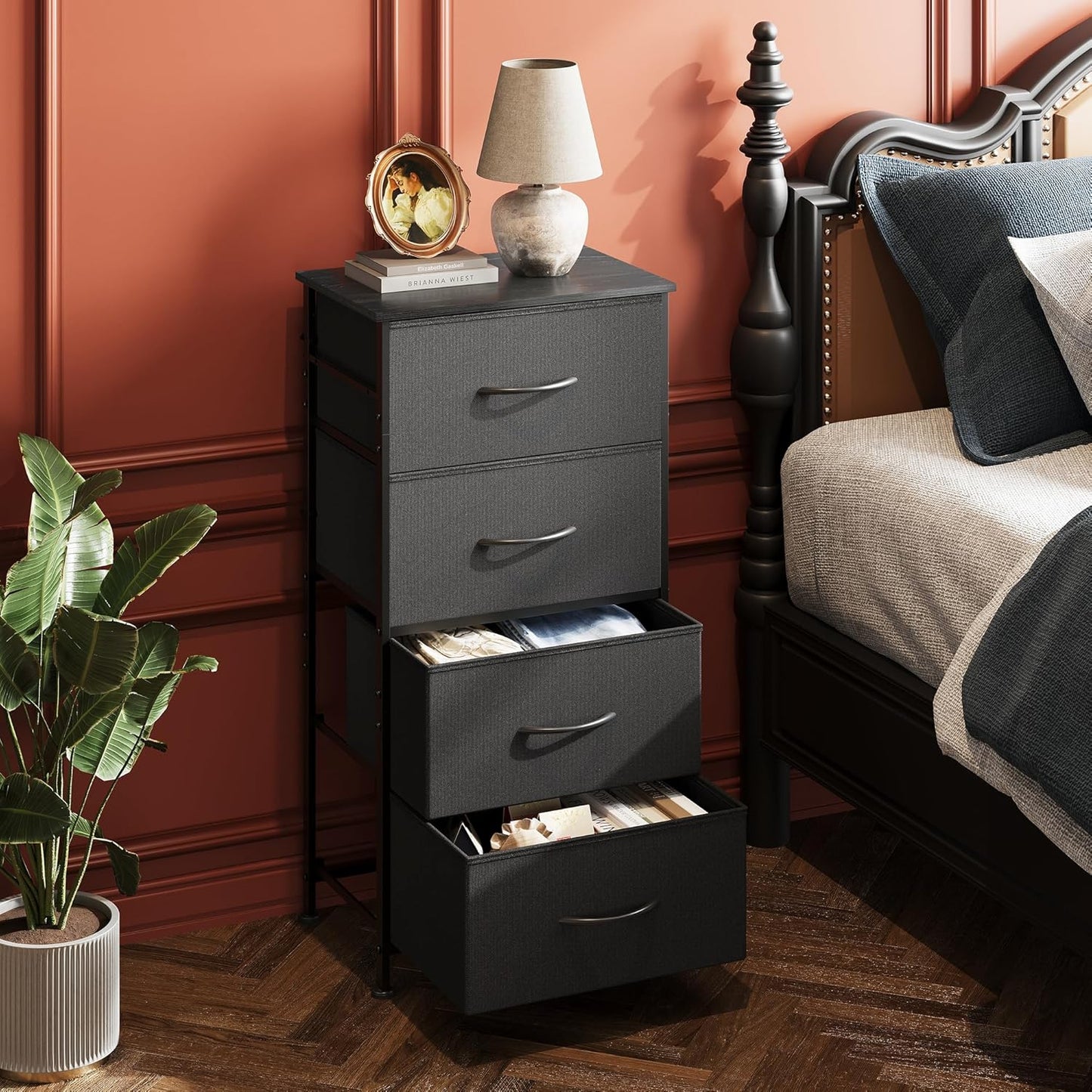 Dresser with 4 Drawers, Fabric Storage Tower, Organizer Unit for Bedroom, Hallway, Entryway, Closets, Sturdy Steel Frame, Wood Top, Easy Pull Handle, Charcoal Black