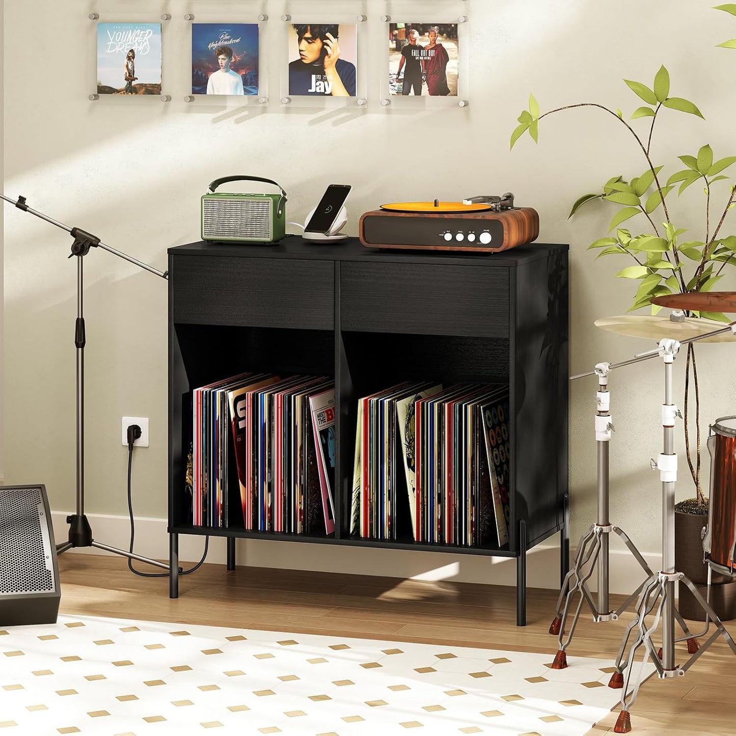 Large Record Player Stand with Charging Station, Mid Century Wood Turntable Stand with 2 Storage Drawers & Compartments, Vinyl Record Storage for Living Room (Black)