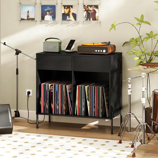 Large Record Player Stand with Charging Station, Mid Century Wood Turntable Stand with 2 Storage Drawers & Compartments, Vinyl Record Storage for Living Room (Black)