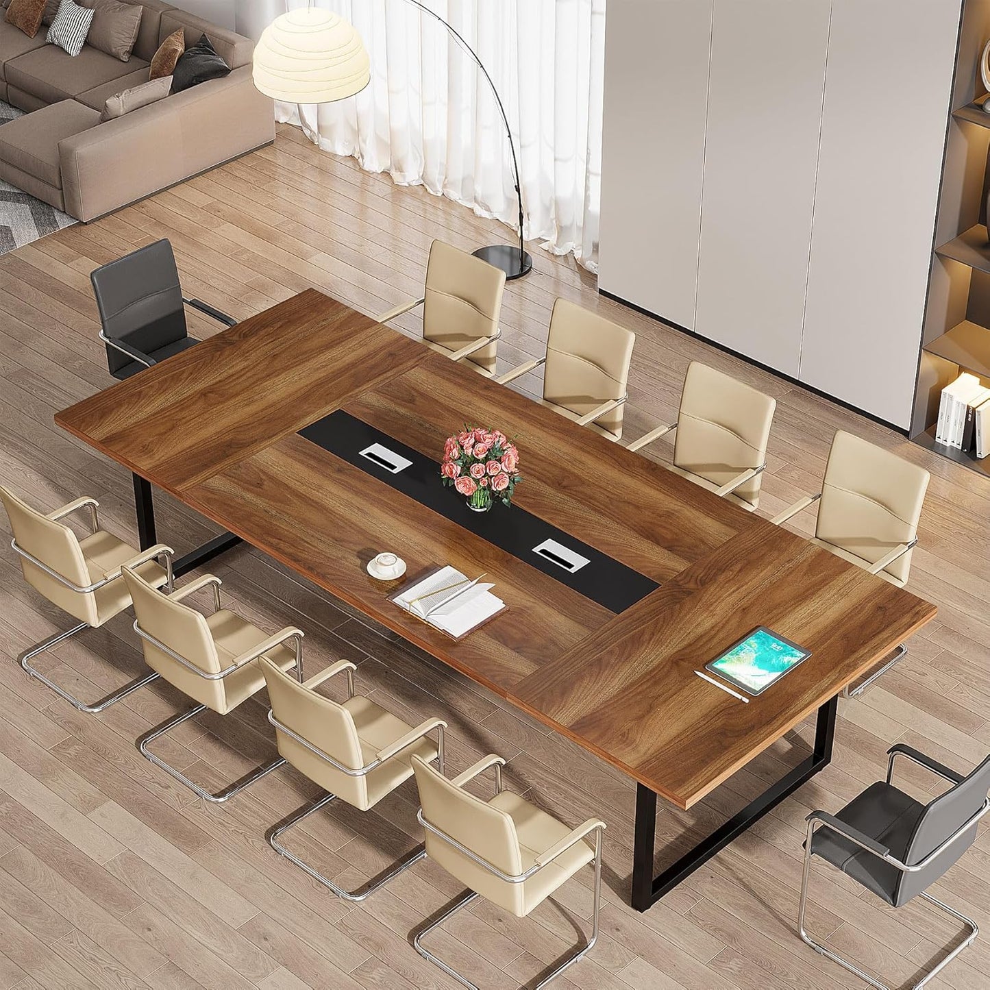 8FT Conference Table, 94.49 L X 47.24 W X 29.53 H Inches Large Meeting Podcast Table for 10 People, Business Style Wooden Training Table with Strong Metal Frame for Office Conference