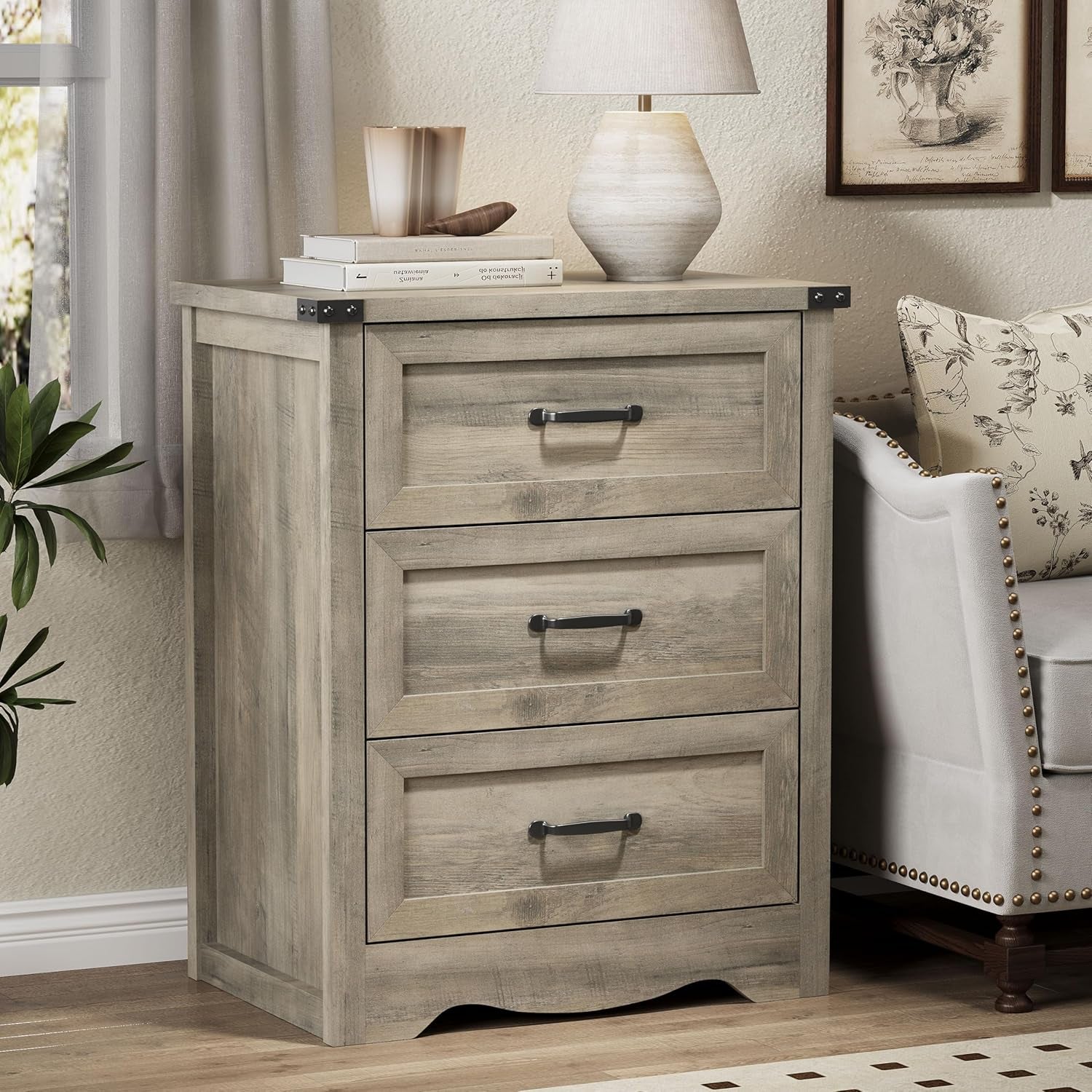 Nightstand with 3 Drawers, 24" Wide Farmhouse Bedside End Table, Rustic Wood Side Table Night Stand with Mental Handle, Tall Modern Small Dresser Chest of Drawers for Bedroom, Living Room, Dorm, Grey