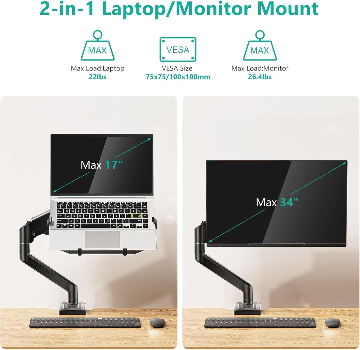 Laptop Desk Mount, 2-In-1 Monitor Mount with Adjustable Laptop Tray, Fits Max 17" Notebook and 34" Computer Screen, Max Holds 22-26.4 Lbs, Single Monitor Laptop Stand for Desk (GSMP001NLP), Black