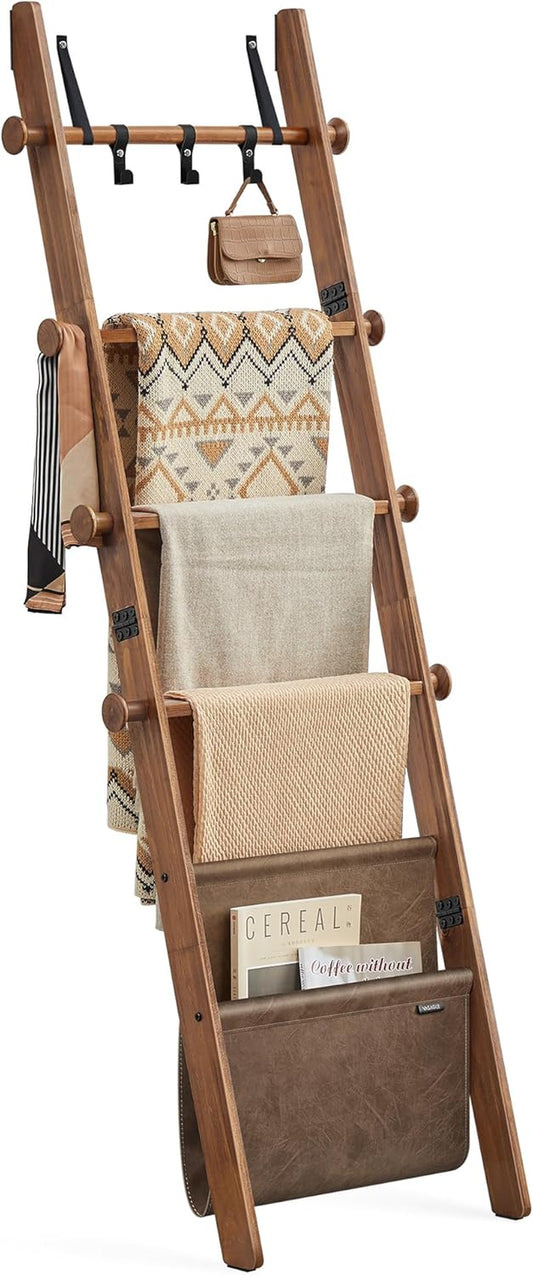 Blanket Ladder for Living Room, 5-Tier Wooden Ladder Shelf, Decorative Farmhouse Blanket Rack with Synthetic Leather Bag, Metal Hooks, Side Hooks, for Bedroom, Caramel Brown ULLS022K01