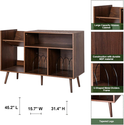 Large Record Player Stand, Mid-Century Vinyl Record Storage Table with Wood Legs and Record Storage, Modern Turntable Stand Holds up to 300 Albums for Studio, Living Room, Bedroom (Walnut)