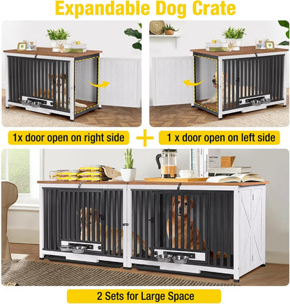 Dog Crate Furniture Foldable Side End Table Expandable Solid Wood Dog Kennel with 360° Rotatable Dog Bowls Indoor Cage, No Assembly Needed (Right Door Removable)