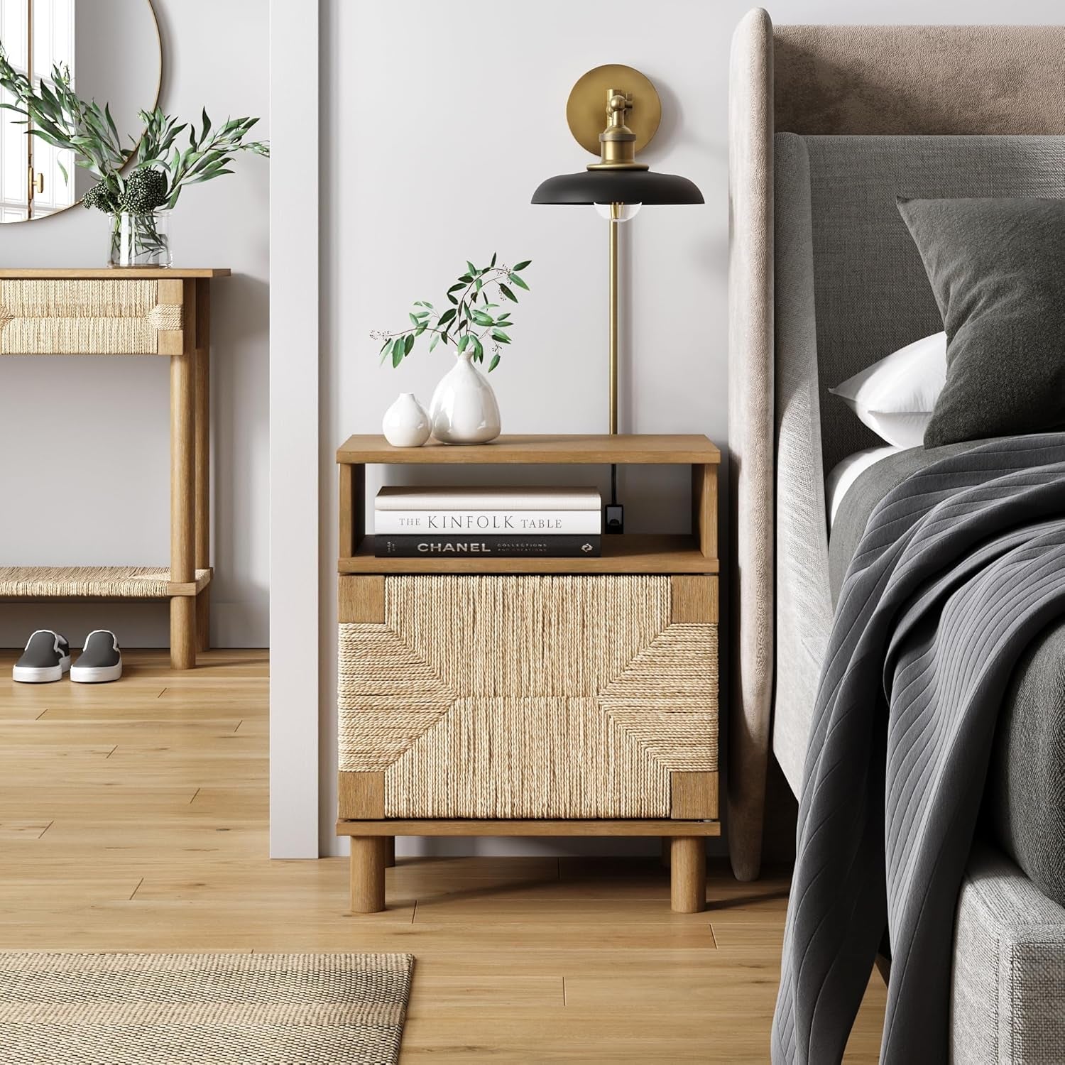 Beacon Wood Nightstand, Bohemian Accent Table or Sofa Side Table with Seagrass Door for Bedroom or Living Room, Light Brown