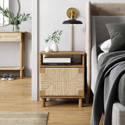 Beacon Wood Nightstand, Bohemian Accent Table or Sofa Side Table with Seagrass Door for Bedroom or Living Room, Light Brown
