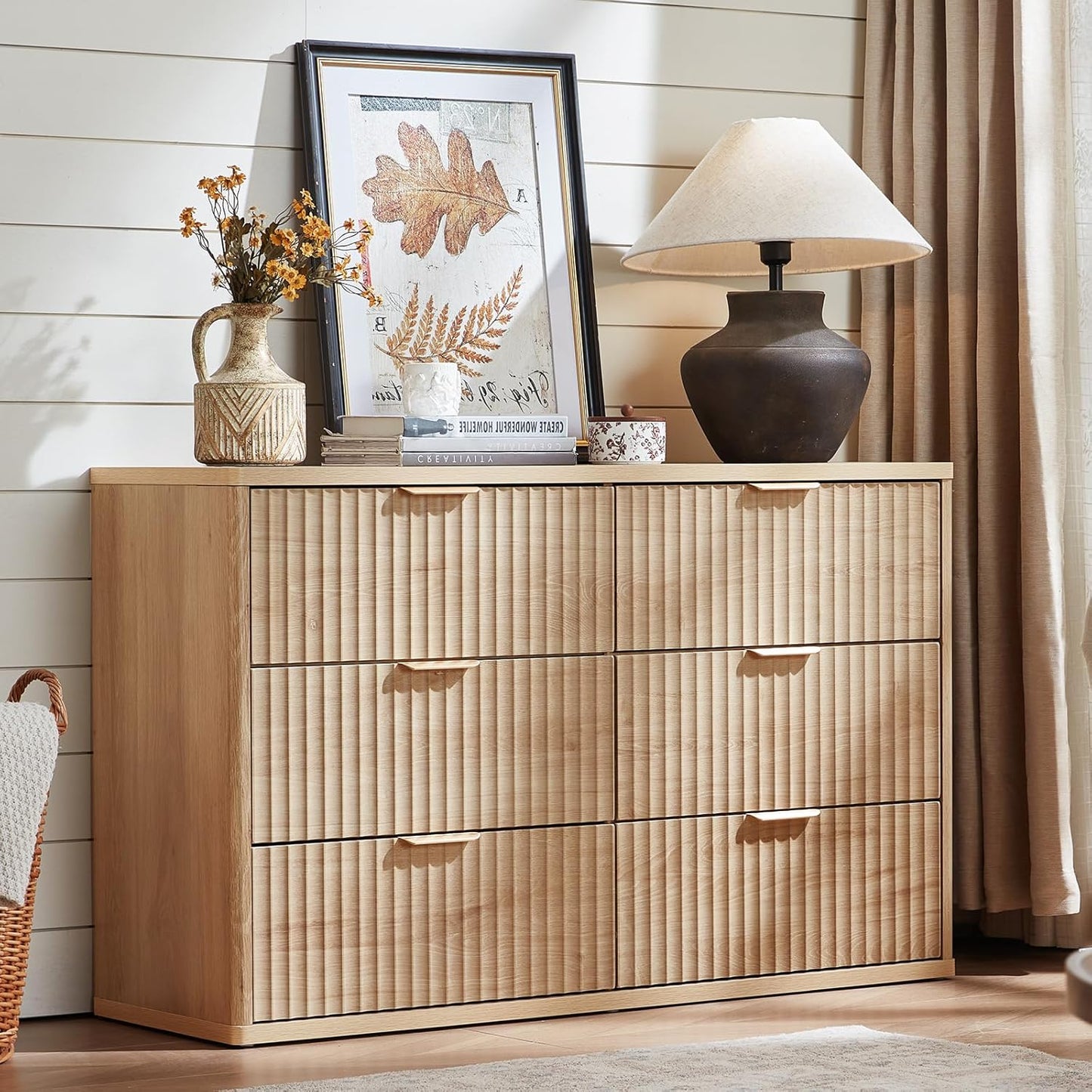 Fluted Dresser and 3 Drawers Nightstand Set of 2, Wood 48" Wide Dresser & 23" Night Stand with Charging Station, 3 Piece Bedroom Furniture Set, Chest of Drawers for Home,Living Room,Wood