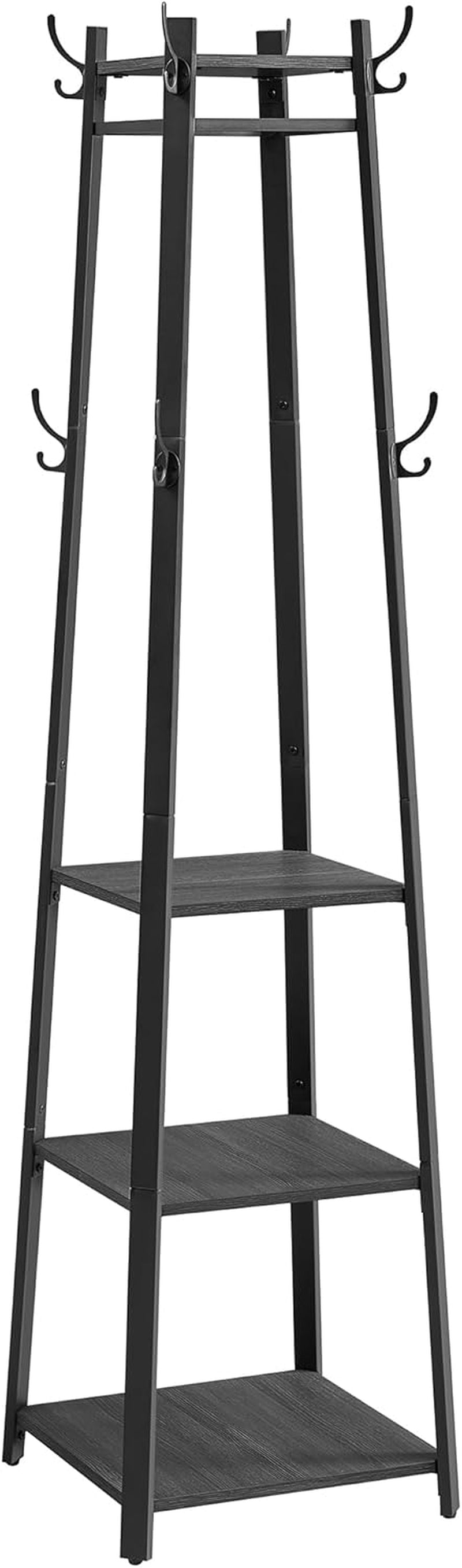 Coat Rack, Coat Stand with 3 Shelves, Hall Tree Free Standing with Hooks for Scarves, Bags, Umbrellas, Steel Frame, Industrial Style, for Entryway, Living Room, Rustic Brown and Black ULCR80X