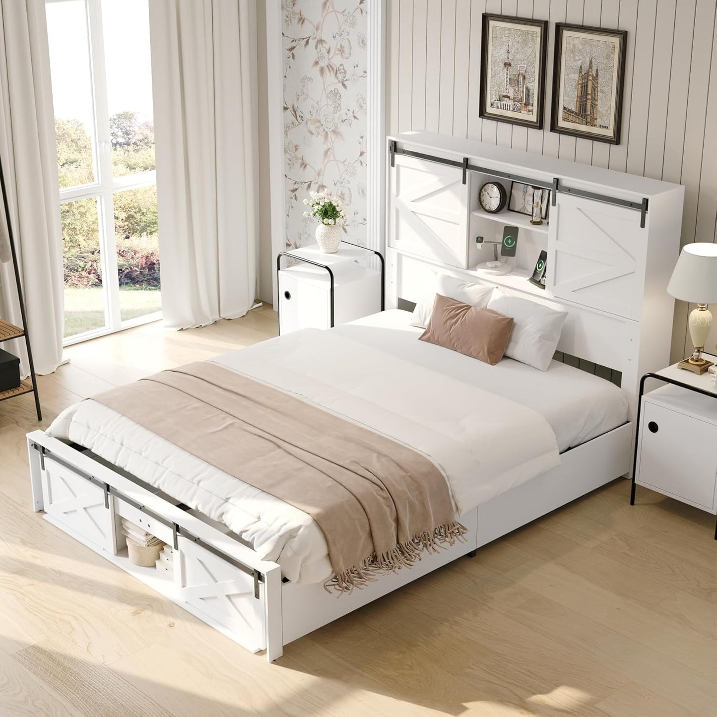 Queen Farmhouse Bed Frame with Charging Station, LED Lights, Storage Headboard & Footboard, Platform Bed Frame with 4 Rolling Drawers & Sliding Barn Door, No Box Spring Needed, White