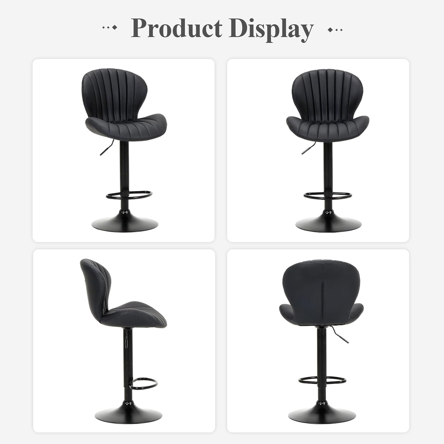 Bar Stools Set of 2, Modern Swivel Bar Chairs, Adjustable Faux Leather Upholstered Barstools Counter Height with High Backrest for Bar, Kitchen Island, Dining Room, Black