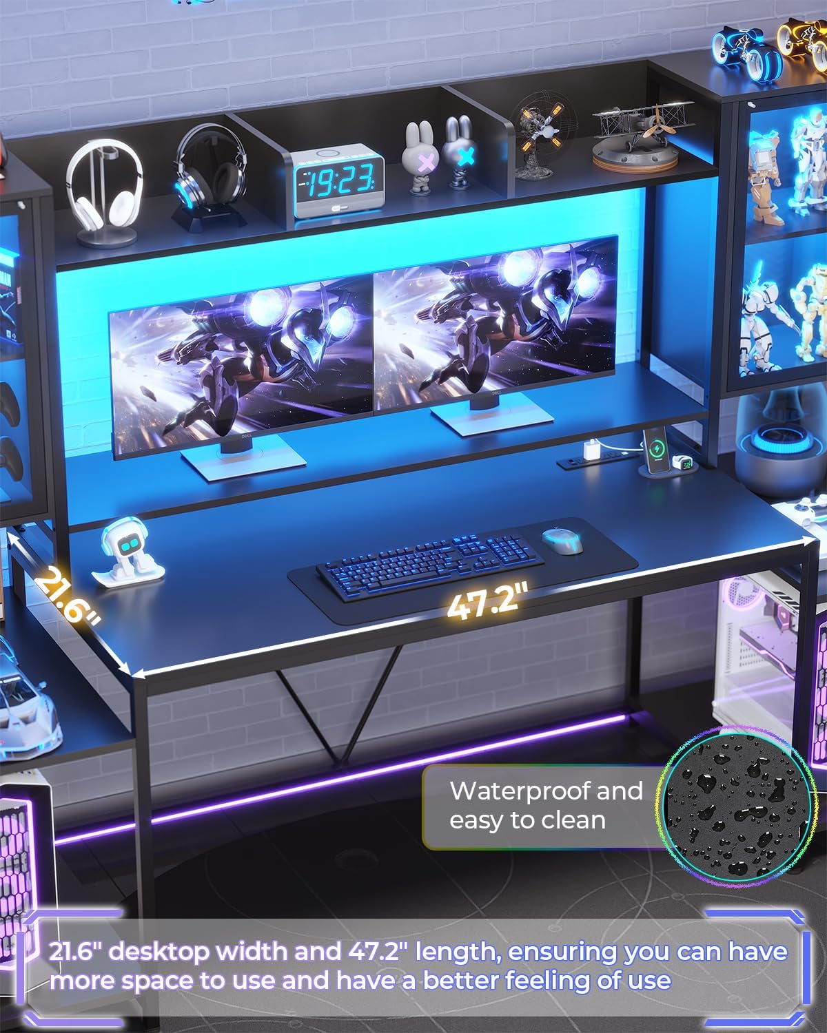 Gaming Desk 74.8'' with LED Lights, Hutch and Storage Shelves, Computer Desk with Monitor Stand, Large PC Gamer Desk Workstation, Ergonomic Gaming Table for Bedroom, Living Room, White