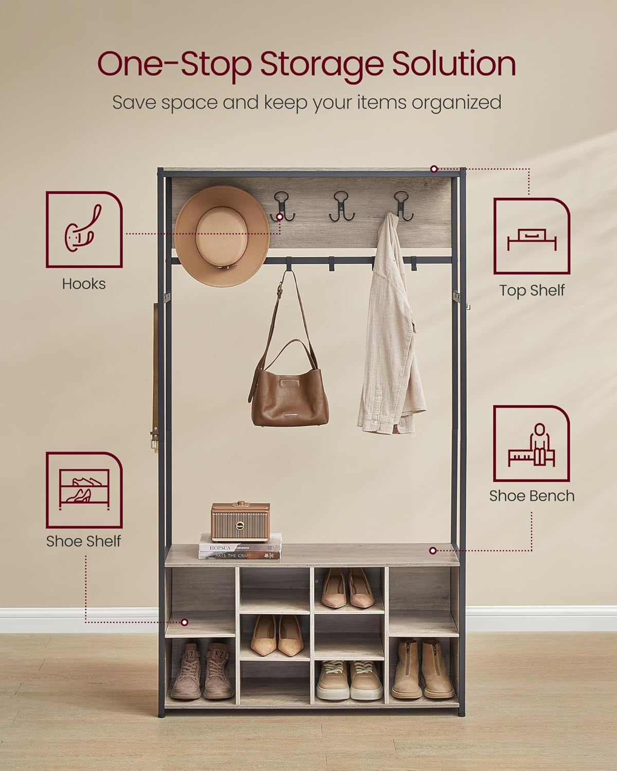 Hall Tree with Bench and Shoe Storage, Coat Rack with Shoe Bench, Entryway Furniture, Open Compartments, Industrial Style, Space Saving, Heather Greige and Ink Black UHSR432G01