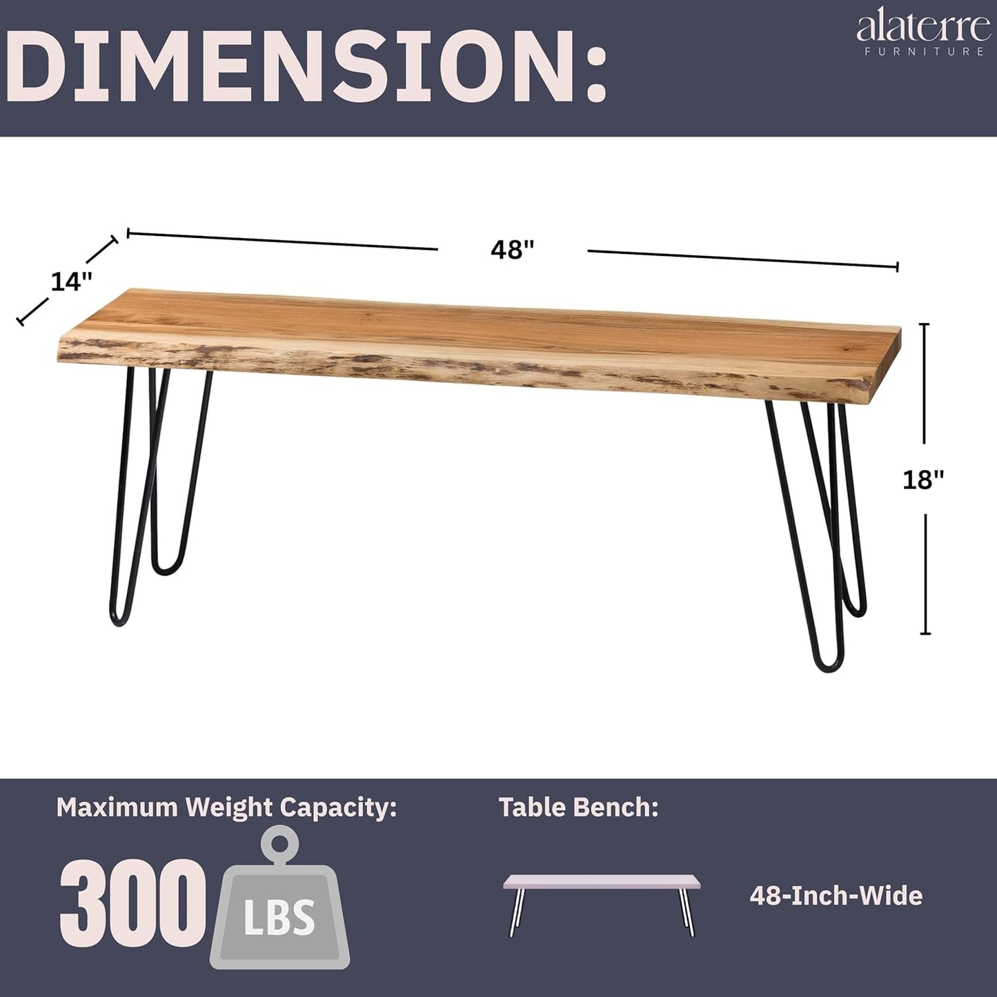 48” Live Edge Dining Bench – Rustic Industrial Farmhouse Solid Acacia Wood with Metal Hairpin Legs – Ideal for Dining Room, Kitchen, or Entryway