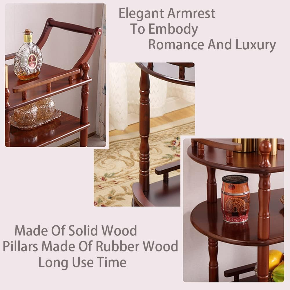 Entertainment Kitchen Cart, Midcentury Modern Imported Rubberwood Brown Finished Wood 3-Tier Mobile Bar Cart Serving Cart