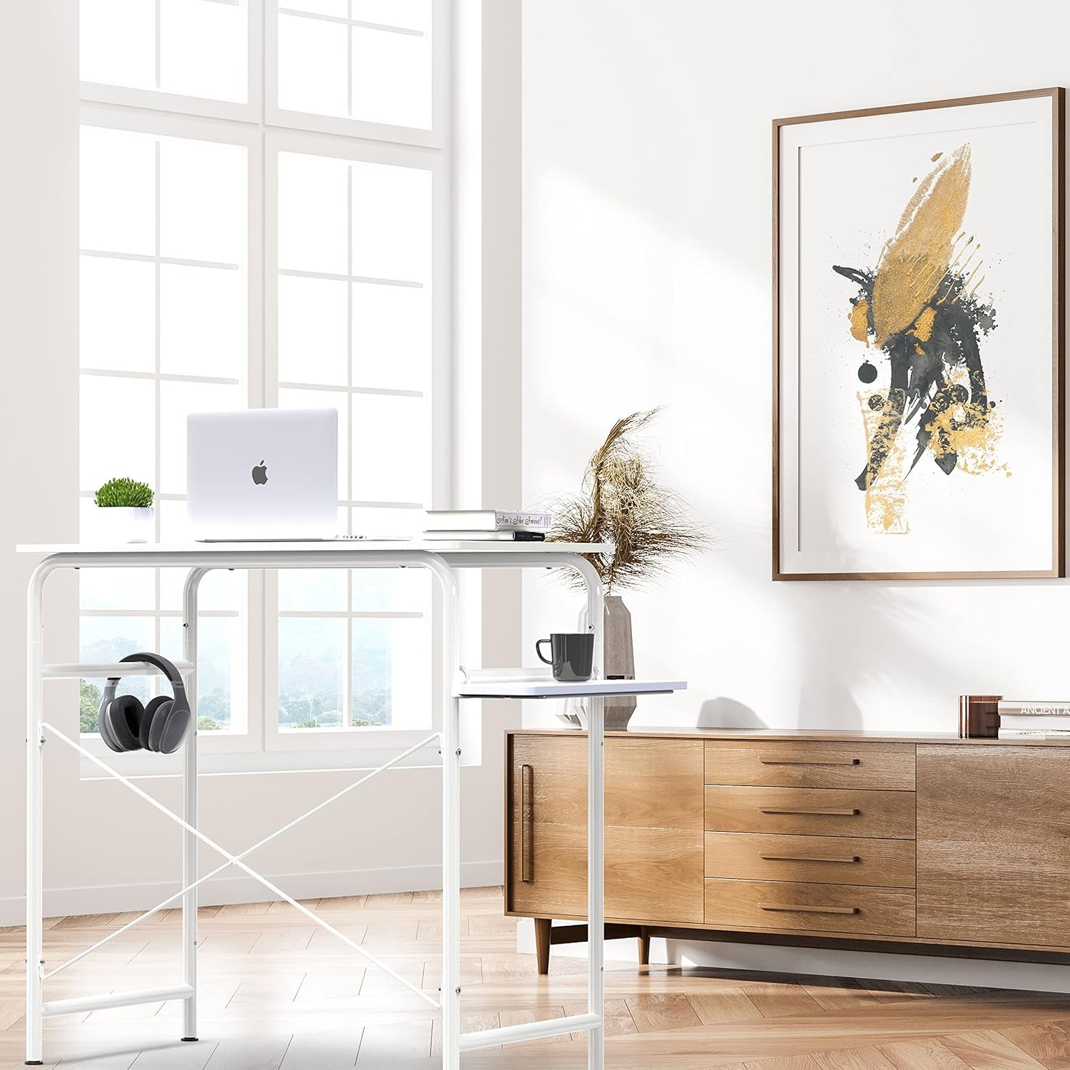 Small Gaming Home Office Computer Desk with Shelf, White