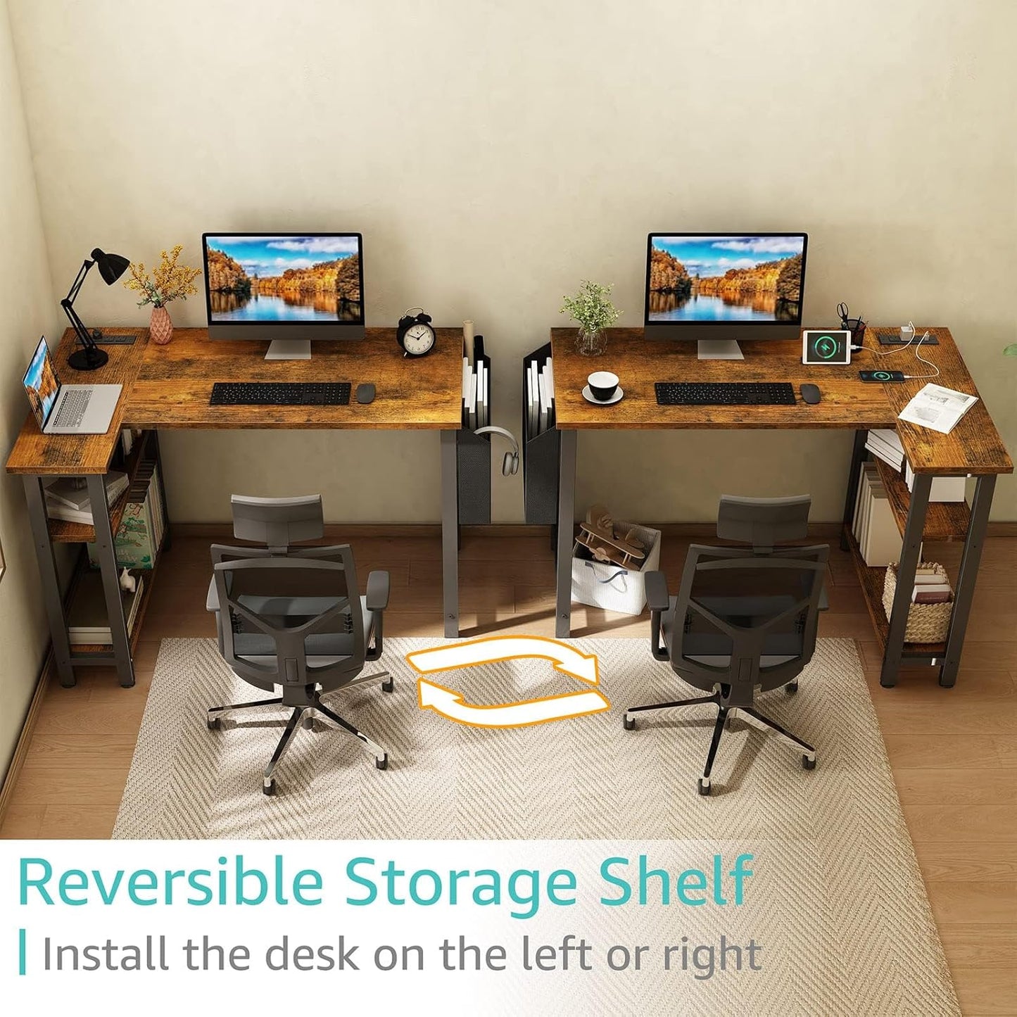 Small L Shaped Desk with Power Outlet Shelves, 40 Inch Reversible Corner Desk for Small Space Home Office, L-Shaped Computer Desk PC Desks with Charging Station, Rustic Brown