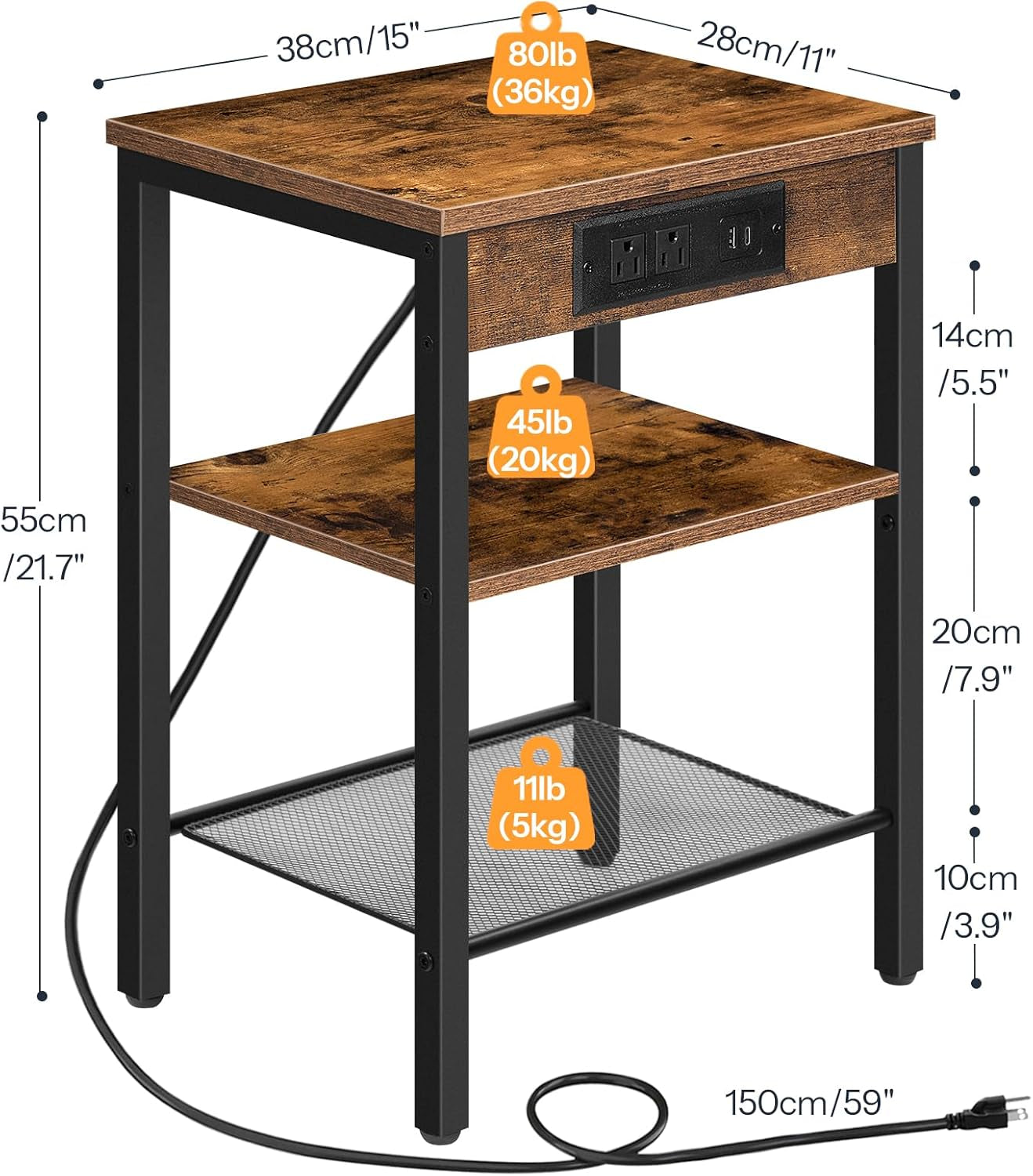 Side Table with Charging Station and USB Port, Small End Table for Small Space, 3-Tier Nightstand with Adjustable Shelf, for Living Room, Bedroom and Balcony, Rustic Brown BF112BZ01