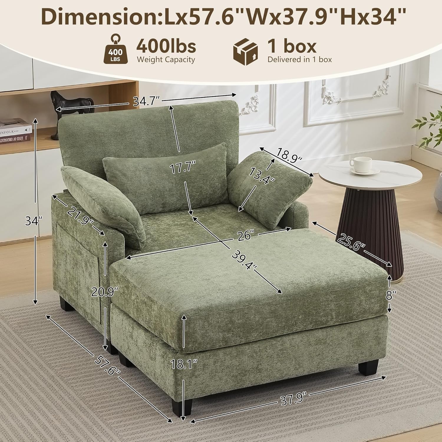 57.5" Oversized Chaise Lounge with Ottoman Indoor, Oversized Reading Chair with Ottoman & Sofa Bed, Green Chenille Upholstered Comfy Sleeper Chair for Living Room, Bedroom, Office