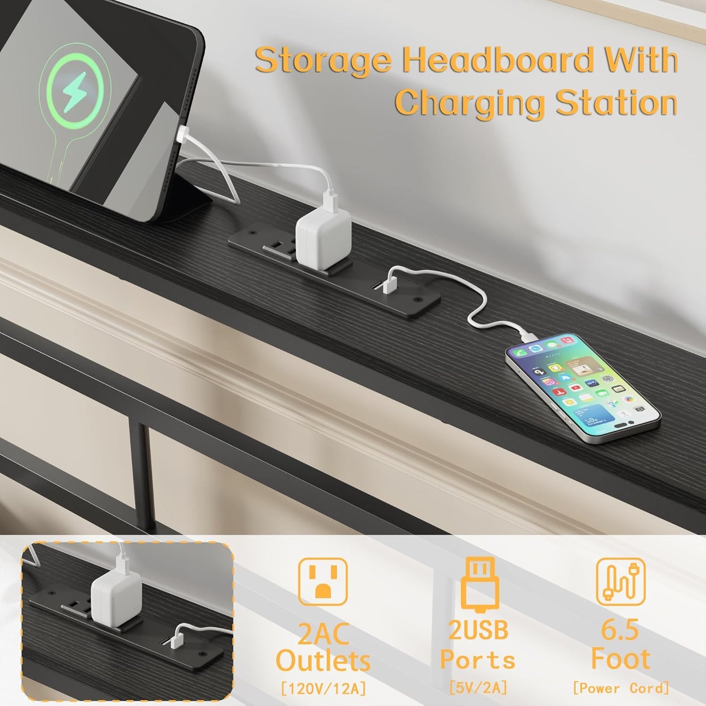 Twin Bed Frames with Built-In Charging Station and LED Light, Metal Platform Bed with Headboard and Storage Shelf, Noise-Free, No Box Spring Needed, Black