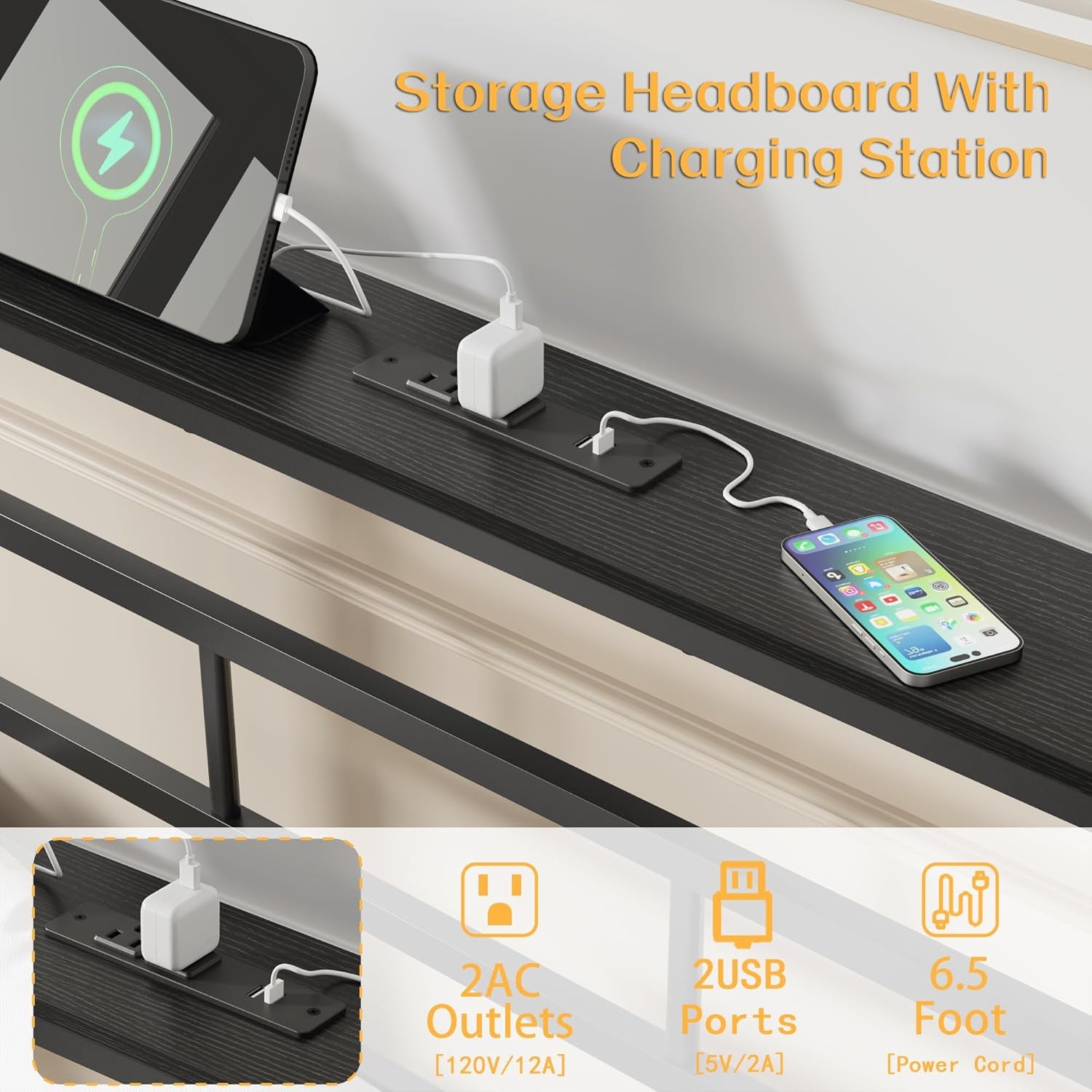 Twin Bed Frames with Built-In Charging Station and LED Light, Metal Platform Bed with Headboard and Storage Shelf, Noise-Free, No Box Spring Needed, Black