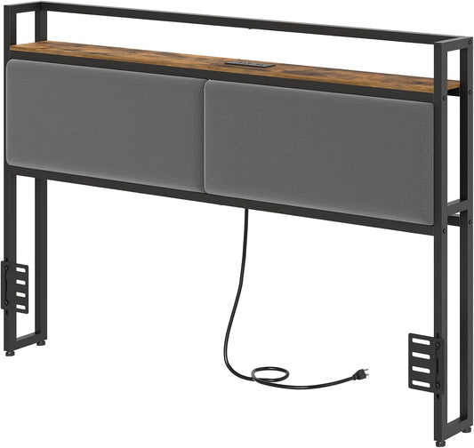Queen Size Headboard with Storage, Upholstered Headboard with Charging Station, Height Adjustable, Vintage Style, Sturdy and Stable, Rustic Brown, Gray and Black