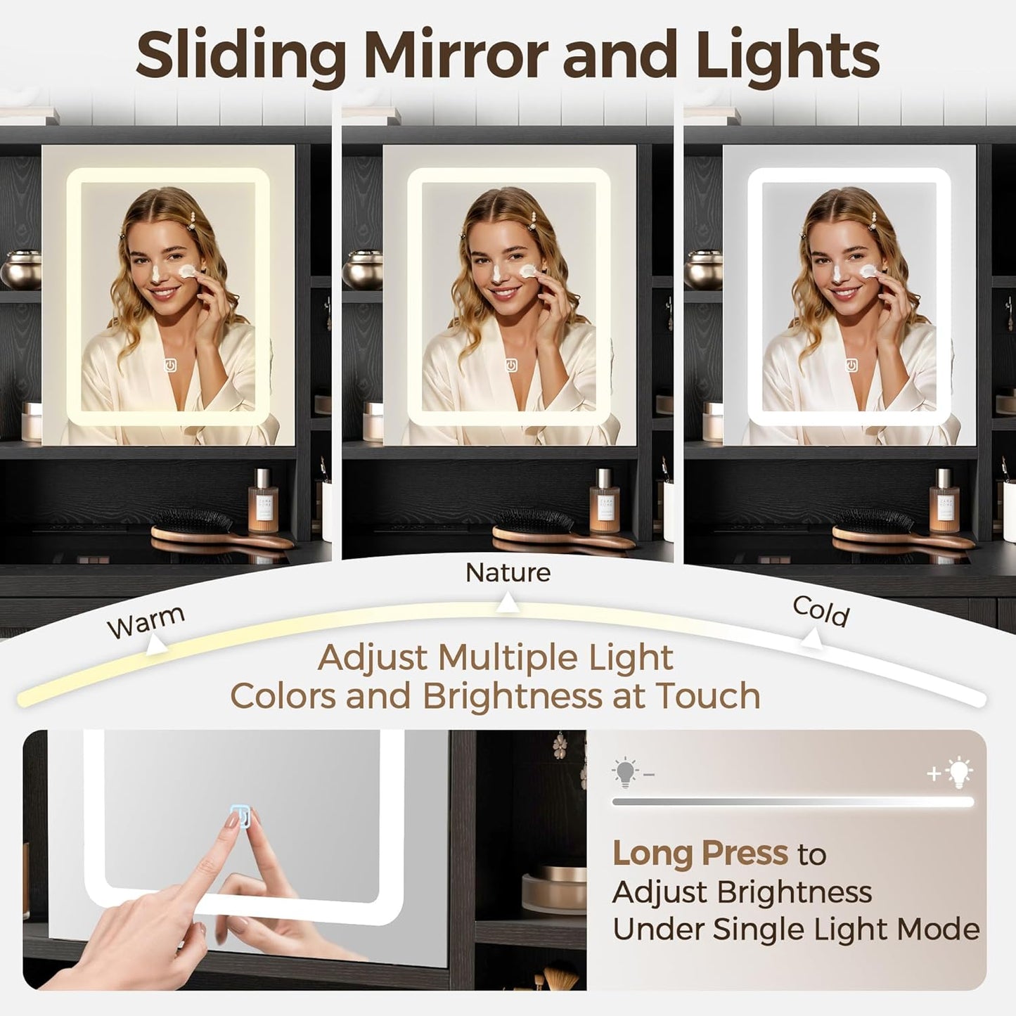 Farmhouse Makeup Vanity Desk with Sliding Mirror and Lights, Glass Desktop Makeup Vanity Desk with Charging Station, 3-Tier Hidden Slide-Out Vanity Shelves, Jewelry Storage Cabinet, 2 Drawers-Black