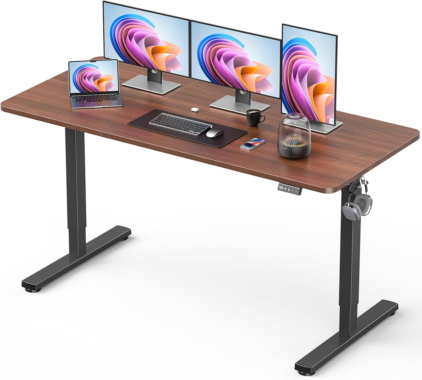 55" Electric Standing Desk Adjustable Height, Sit Stand up Desk for Home Office & Computer Workstation, 2 Memory Height Settings, Splice Board, 2 Hooks, Black Frame/Walnut Top