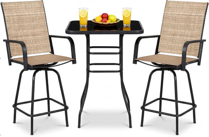 3-Piece Patio Bar Set, High Top Table & 2 Swivel Bar Stools with Textilene Fabric, Outdoor Bistro Furniture for Balcony, Backyard, Poolside (Brown)