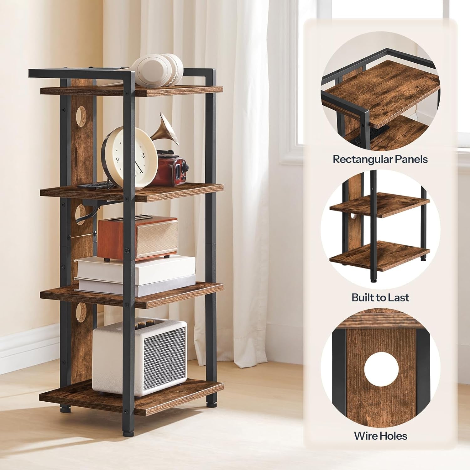 4-Tier AV Media Stand, Media Console with Charging Station and LED Light, Wooden Stereo Cabinet, Corner TV Stand, Record Player, Entertainment Device Stand, Rustic Brown and Black BF38UDCJ01