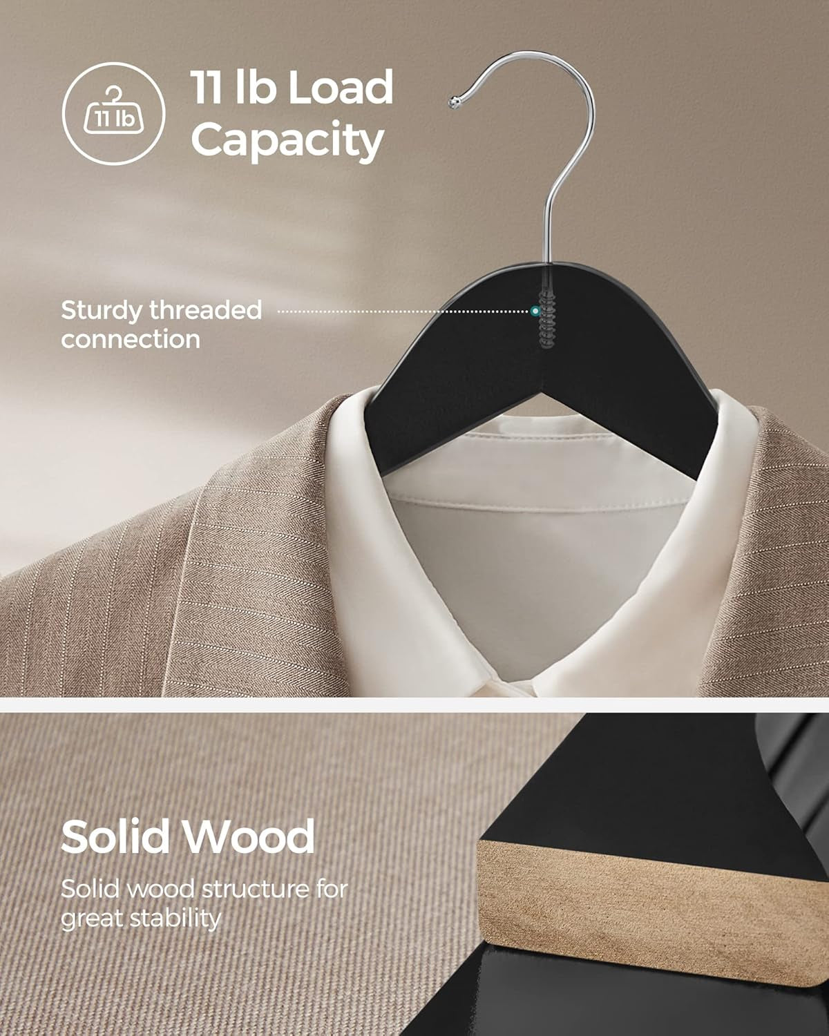 Wooden Hangers, 20-Pack Wood Coat Hangers with Shoulder Notches, Swivel Hook, Non-Slip for Jackets, Shirts, Suits, Black and Silver UCRW02B-20