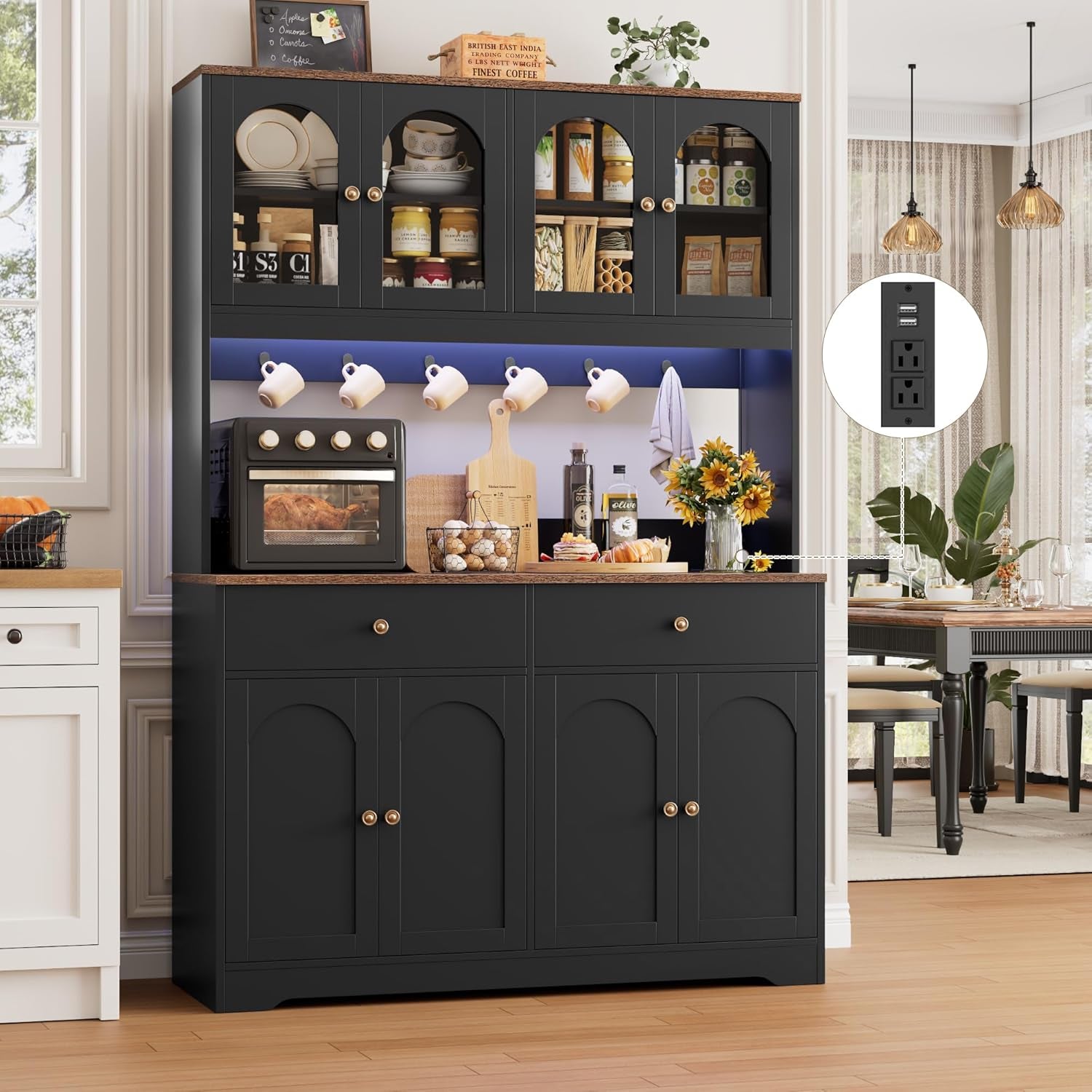 71" LED Kitchen Pantry Cabinet with Power Outlet, Large Kitchen Hutch Storage Cabinet with Arched Door & Shelves & 2 Drawers, Tall Farmhouse Coffee Bar W/Hutch for Home Dining Living Room, Black