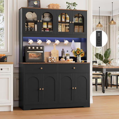 71" LED Kitchen Pantry Cabinet with Power Outlet, Large Kitchen Hutch Storage Cabinet with Arched Door & Shelves & 2 Drawers, Tall Farmhouse Coffee Bar W/Hutch for Home Dining Living Room, Black
