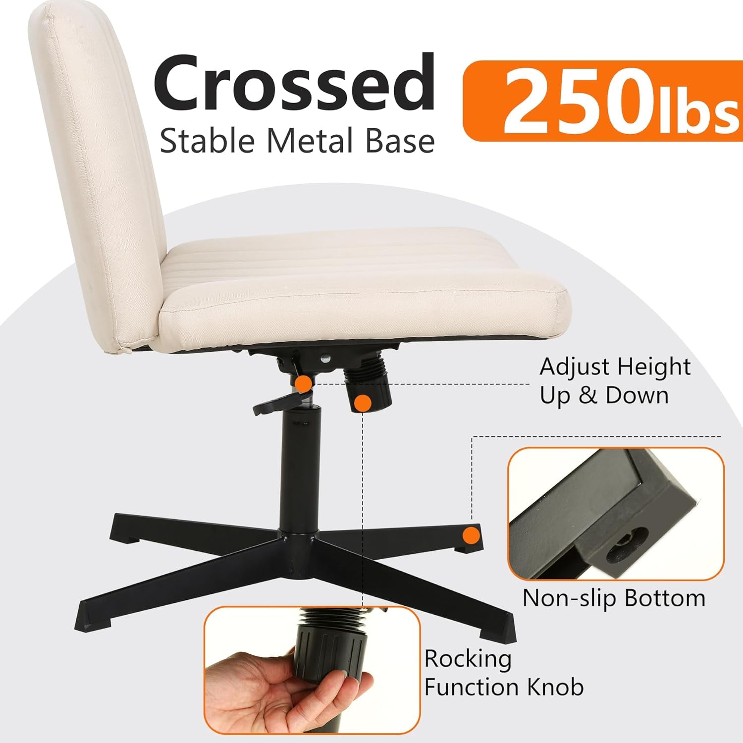 Criss Cross Chair Armless Cross Legged Office Desk Chair Adjustable Swivel Ergonomic Desk Chair No Wheels U Shaped Backrest with Wide Seat Native Sponge Computer Task Vanity Chair for Home Office