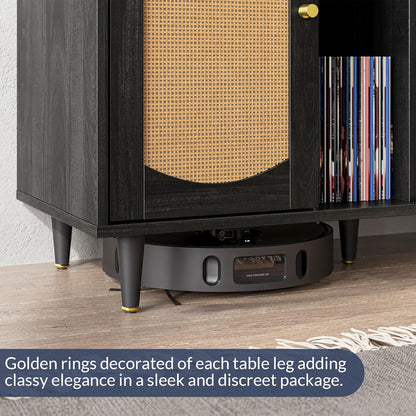 Mid-Century Record Player Stand, Vinyl Record Storage Cabinet Holds up to 350+ Albums, Rattern Decorated Turntable Stand with Power Outlet for Living Room, Office - Brown