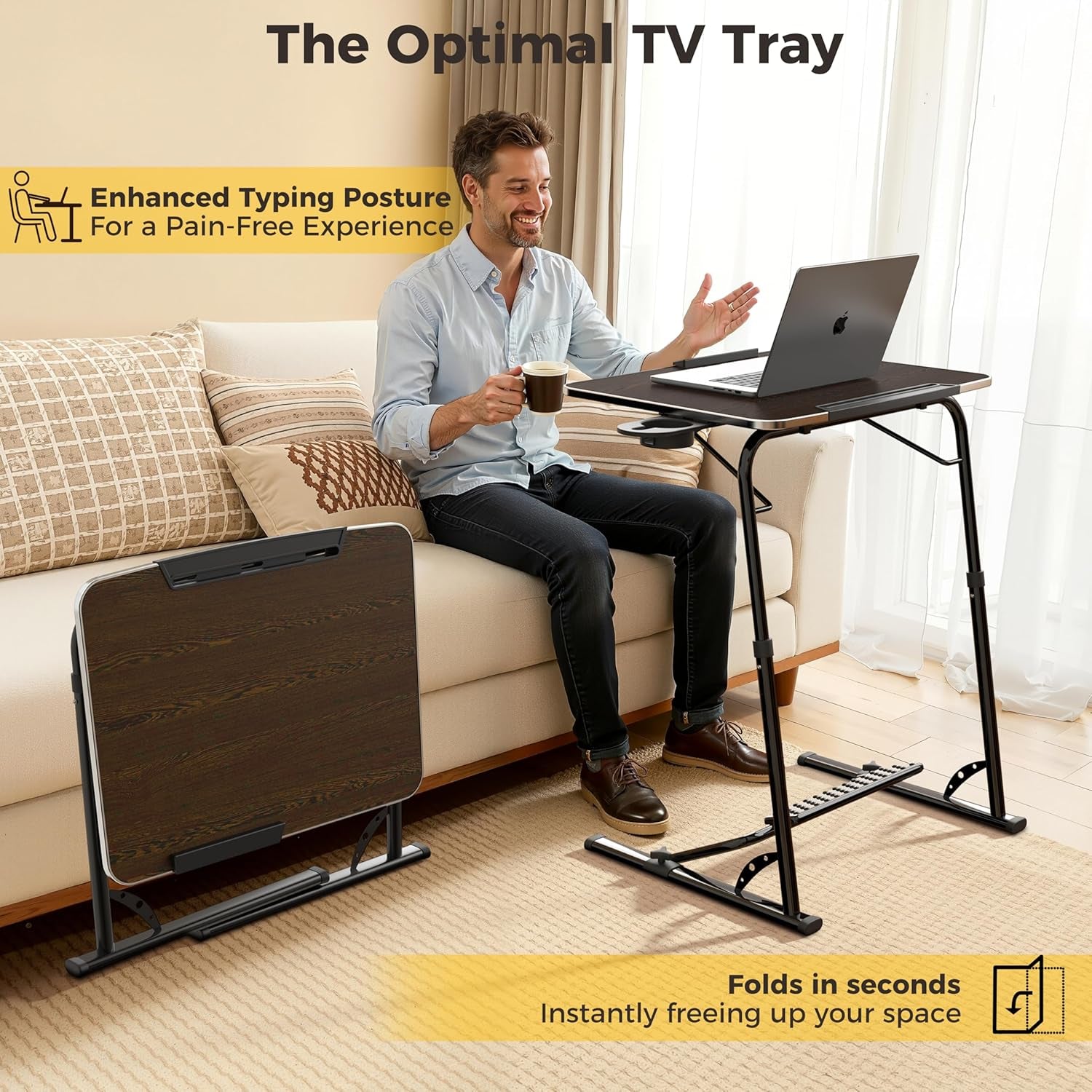 Upgraded Folding TV Tray Table - Extra Large & Sturdy Laptop Table for Couch, Height & Angle Adjustable Desk for Dinner, Work & TV - Includes Footrest, Cup Holder, Ipad Holder & Edge Stopper