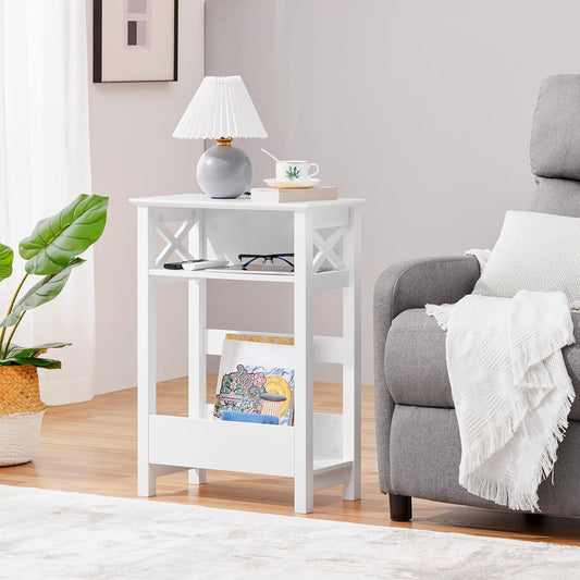 Small Side Table with Storage Shelf, 3-Tier Slim X Shaped End Table with Magazine Rack, Living Room Home Office Balcony Small Spaces, Effortless Assembly, White