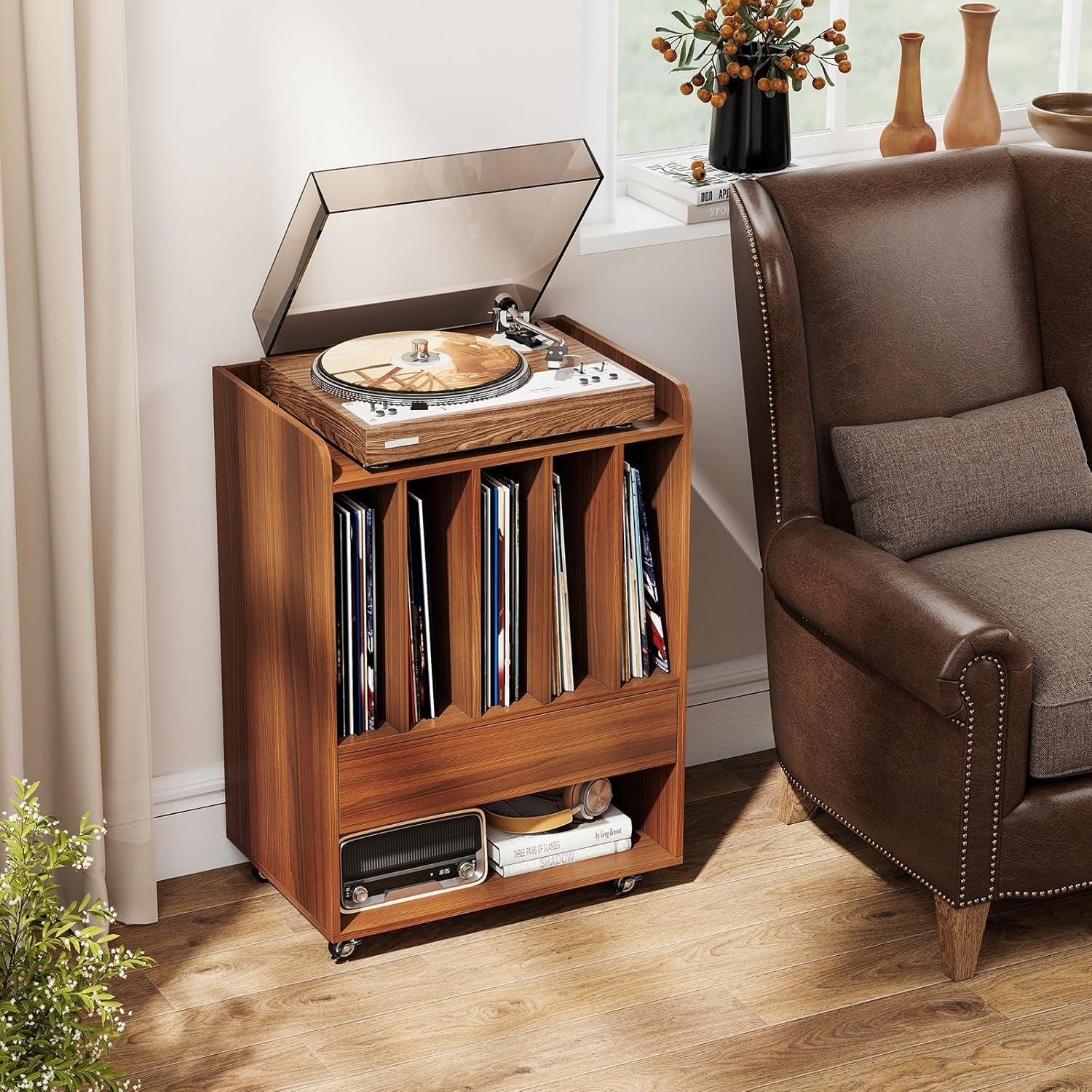Record Player Stand, Rolling Turntable Stand with Drawer & Lockable Wheels, Record Player Table Holds up to 150 Albums, Vinyl Record Storage for Living Room Bedroom, Walnut