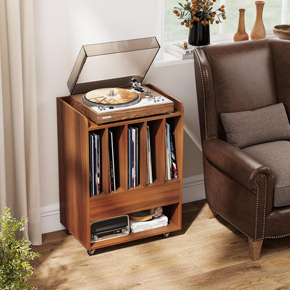 Record Player Stand, Rolling Turntable Stand with Drawer & Lockable Wheels, Record Player Table Holds up to 150 Albums, Vinyl Record Storage for Living Room Bedroom, Walnut