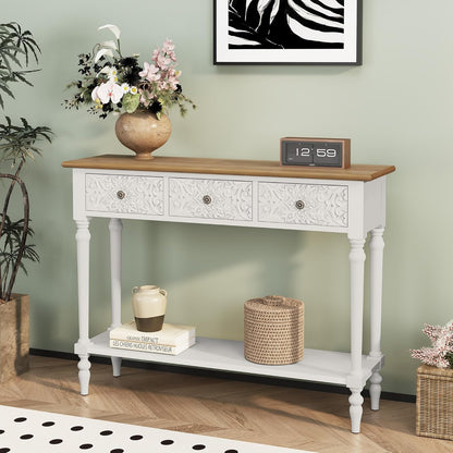 Entryway Console Table with 3 Drawers，42" Carved Hallway Table with Open Shelf，Long Sofa Table for Living Room, Hallway, behind Couch,White