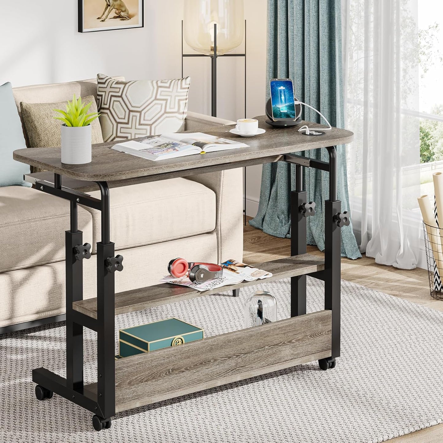 Portable Desk with Power Outlets, Height Adjustable Side Table Sofa Couch Bedside Laptop Computer Cart with USB Charging Ports, Mobile Small Standing Desk with Keyboard Tray