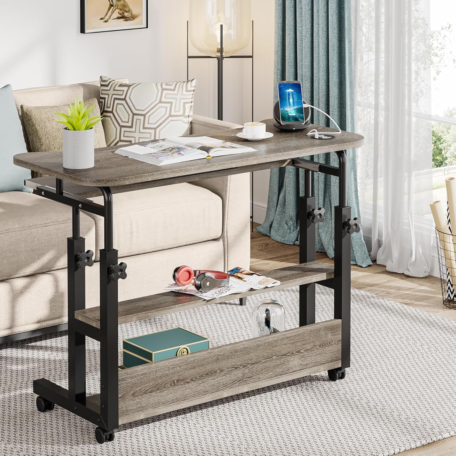 Portable Desk with Power Outlets, Height Adjustable Side Table Sofa Couch Bedside Laptop Computer Cart with USB Charging Ports, Mobile Small Standing Desk with Keyboard Tray